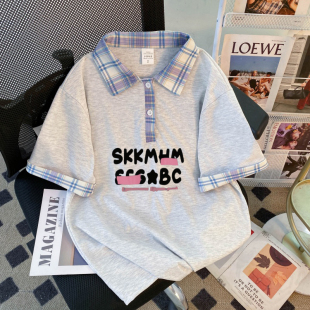 白色拼接格子polo衫短袖男女夏季设计感小众翻领t恤学院风袖上衣