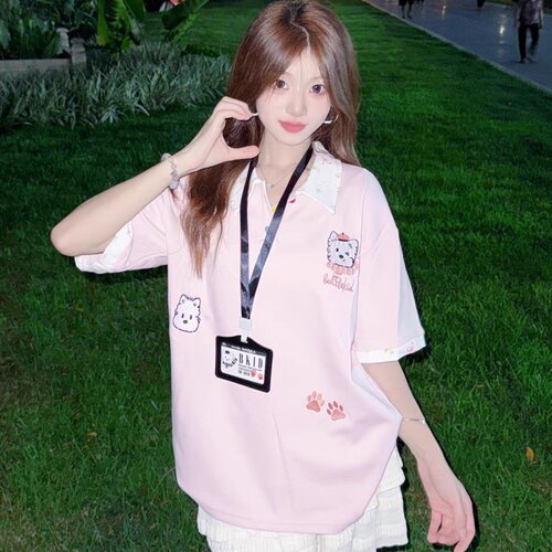 美式卡通刺绣小狗polo领短袖女t恤夏季宽松学院风假两件甜酷上衣