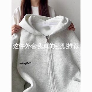 美式复古连帽开衫卫衣女韩系小众慵懒风拉链秋冬外套韩版加绒宽松