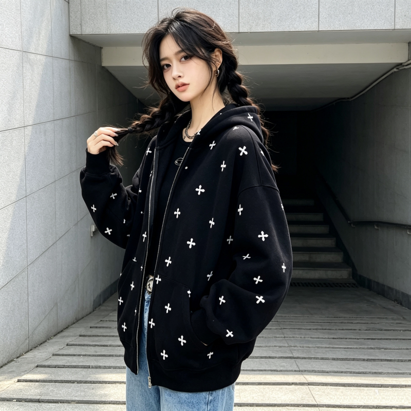 小众学院风印花连帽拉链开衫女宽松休闲卫衣清新气质洋气长袖外套