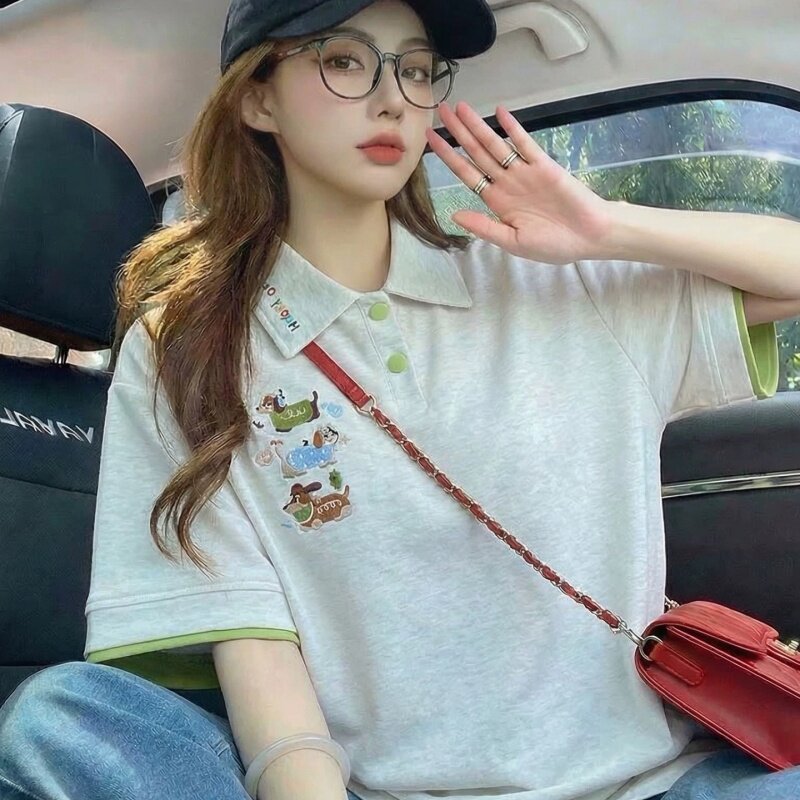 撞色POLO领短袖T恤女小狗刺绣宽松学院风休闲上衣韩系百搭大码ins