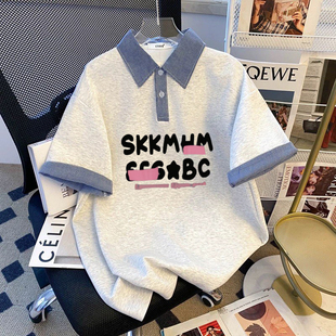 小众设计感多巴胺撞色翻领POLO短袖卡通字母印花宽松百搭t恤上衣