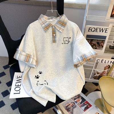 女外poloT恤翻领设计拼接简约潮流格子夏季休闲时尚学院短袖大码