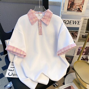 夏季格纹大码拼接两件polo上衣简约翻领休闲美式短袖校园衣服ins