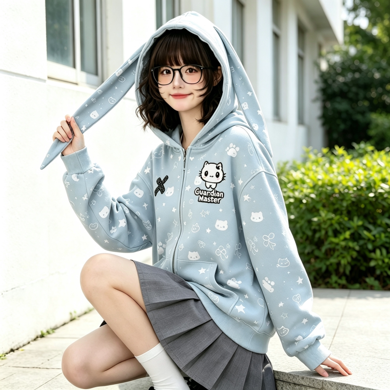 2026新款兔耳连帽外套女宽松开衫卫衣简约休闲款学生日常外穿上衣