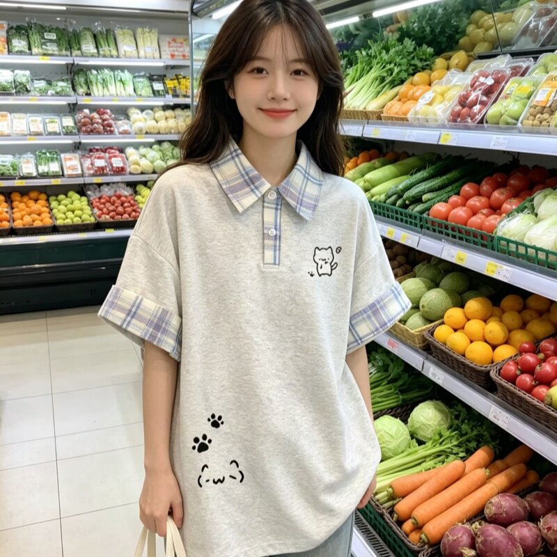 慵懒美式宽松学院格子印花 Polo 衫女装有领简约小众基础短袖上衣