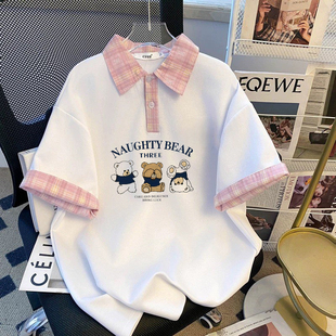 夏季polo衫设计感小众女宽松POLO衫条纹设计上衣短袖薄款t恤洋气