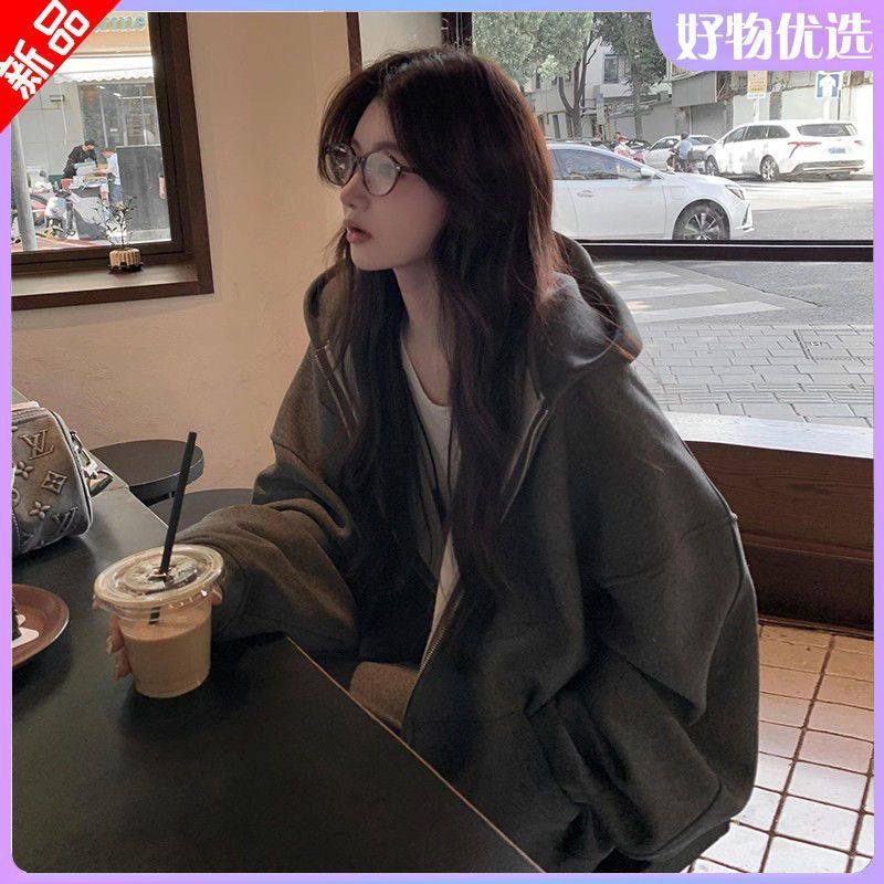 爆款高级感纯色连帽卫衣外套女秋冬加绒加厚百搭chic慵懒拉链开衫