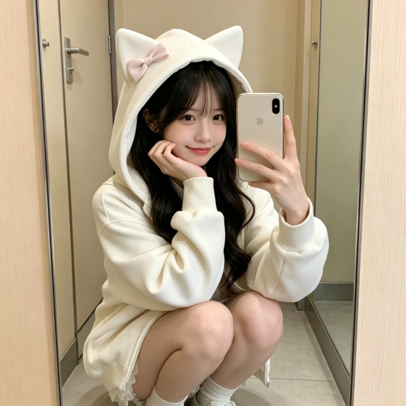 温柔少女蝴蝶结猫耳连帽开衫宽松拉链外套日常出行百搭帽衫慵懒风