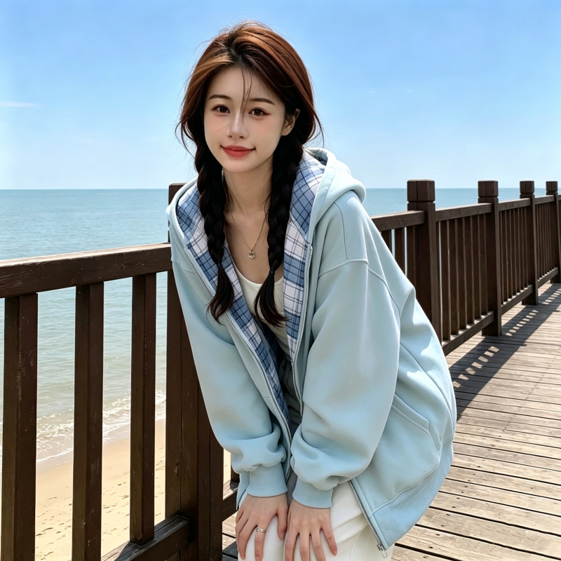 蓝色美式格子新款开衫卫衣宽松春秋慵懒拼接休闲连帽女款外套上衣