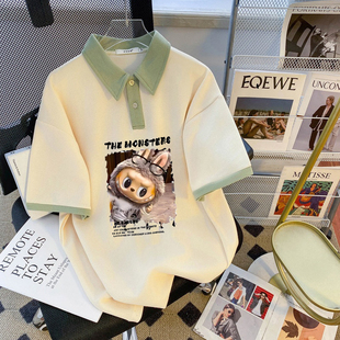 宽松拼接美式2026polo上衣格子新款T恤翻领学院短袖夏季外穿洋气