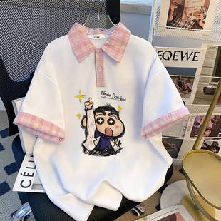 2026拼接新款美式格子polo翻领短袖夏季T恤学院宽松上衣美式复古