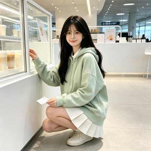 潮流韩版连帽拉链外套女生秋季复古学院风多巴胺休闲气质百搭上衣