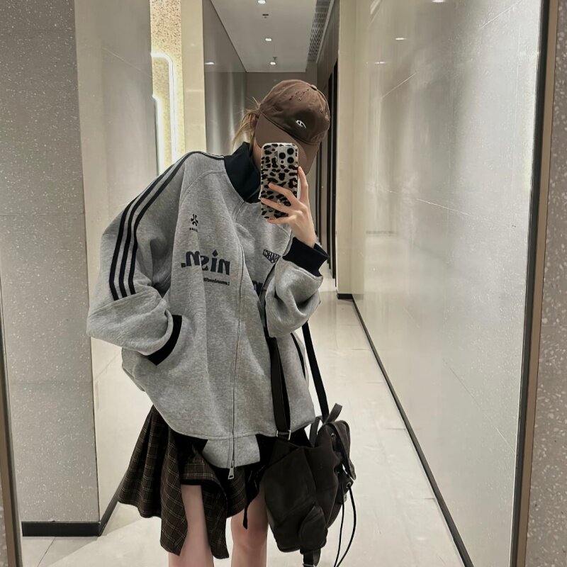 港风小众新款简约上衣女秋季宽松显瘦百搭慵懒风休闲大码卫衣外套