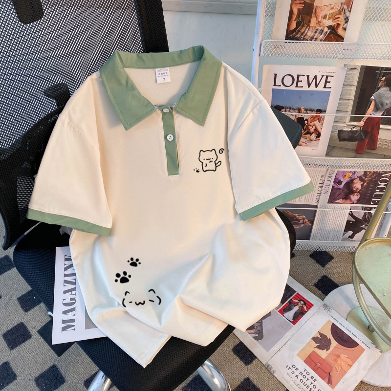 美式复古学生短袖polo夏季宽POLO衫