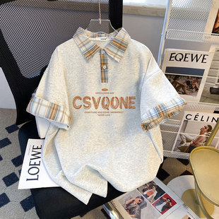 韩版设计宽松拼接短袖大码格子polo印花体恤新款夏季学院上衣外穿