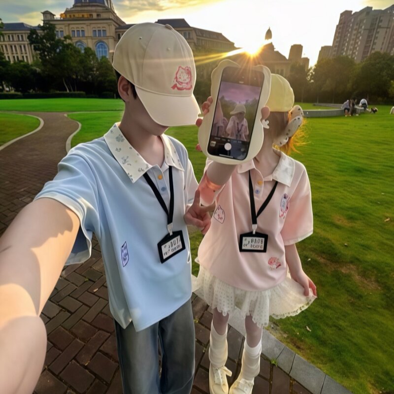 韩版独特超好看小狗刺绣上衣女夏日学院风碎花拼接polo领短袖t恤