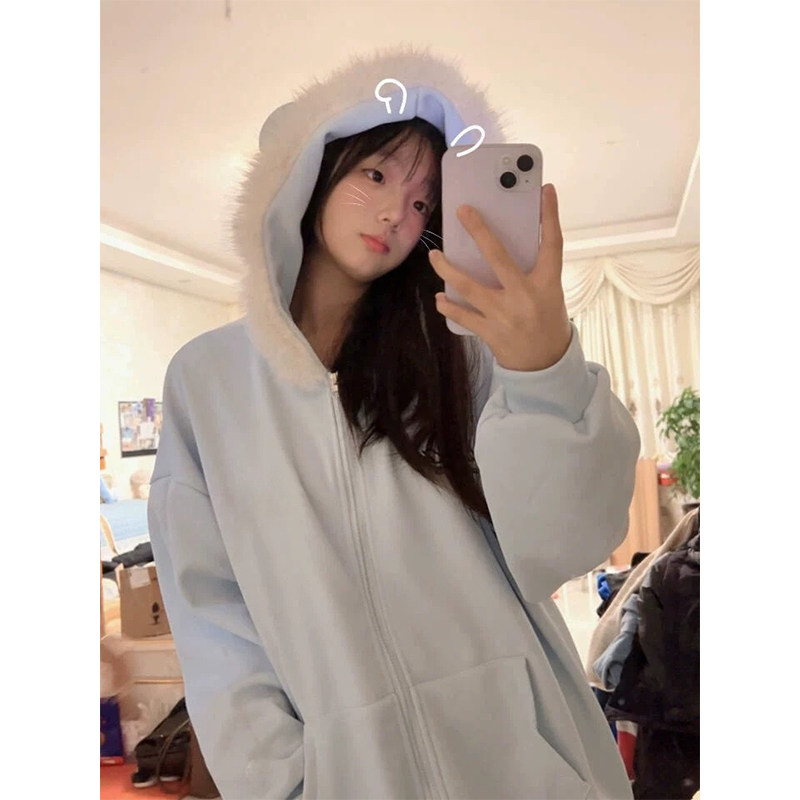 韩系学院风可爱猫耳朵毛领连帽加绒外套冬季女装宽松开衫加厚卫衣