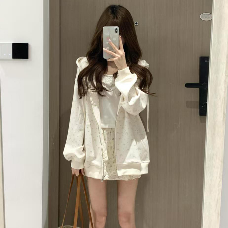 春秋2025连帽碎花卫衣外套女新款拉链开衫开春穿搭宽松上衣学院风