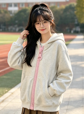 气质猫耳连帽卫衣千禧大拉链百搭 2026 韩版秋季女生宽松外套洋气