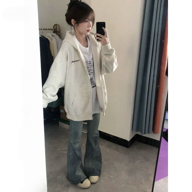 多巴胺加绒开衫外套女春秋季新款oversize韩系慵懒风连帽拉链卫衣图片