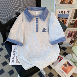 美式复古小狗印花格子polo领短袖t恤女夏2026新款假两件拼接上衣