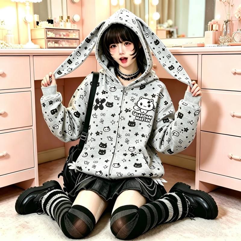 减龄长兔耳朵外套女宽松连帽卫衣休闲拉链开衫少女日常百搭款上衣