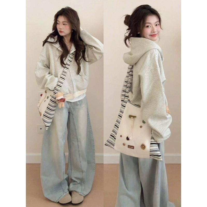 美式复古条纹连帽卫衣女2026秋冬新款加绒加厚设计感小众开衫外套