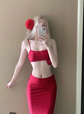 aystudio2026新款比基尼红色性感辣妹立体花朵长裙度假温泉泳衣女