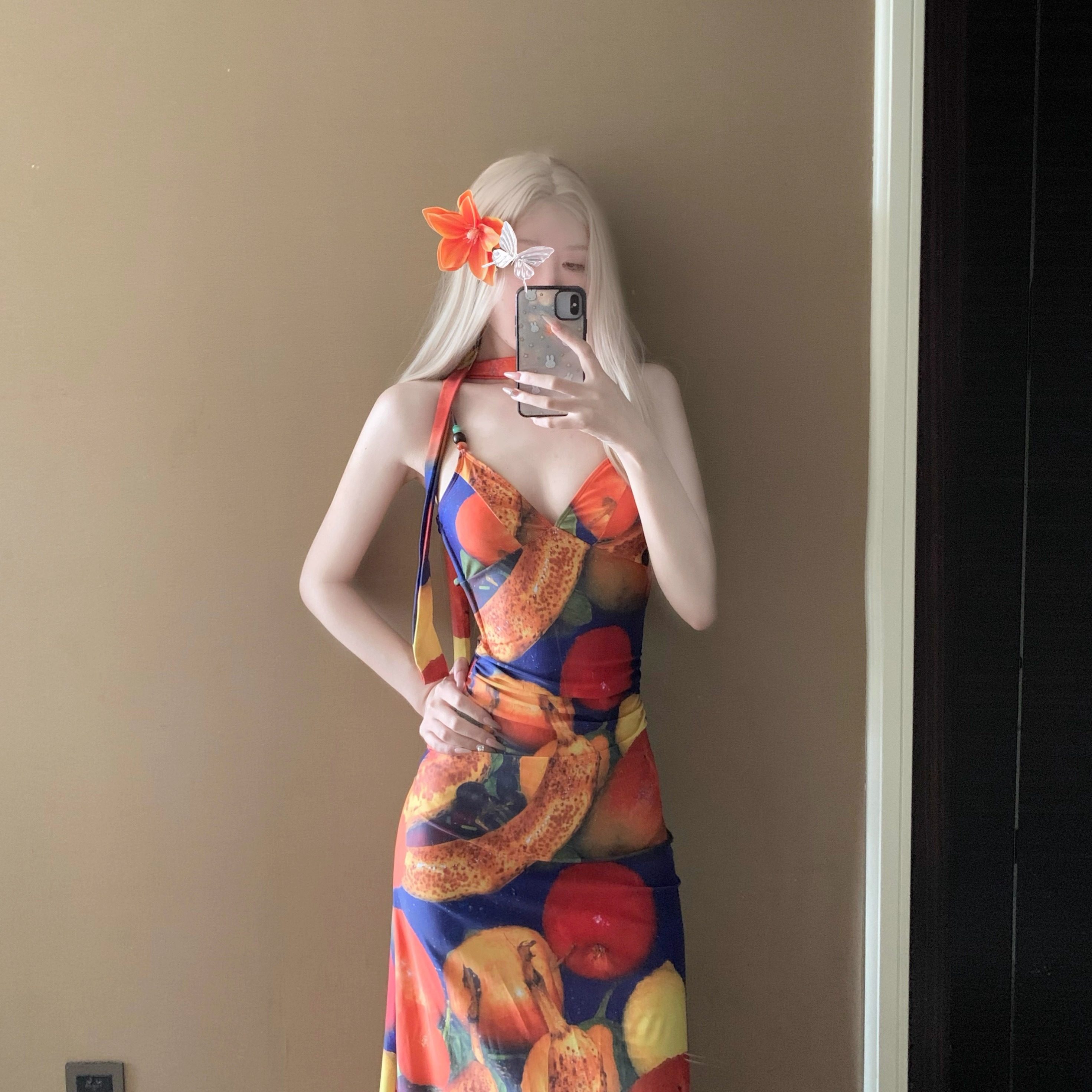 度假风绑带露背长裙水果印花泳衣