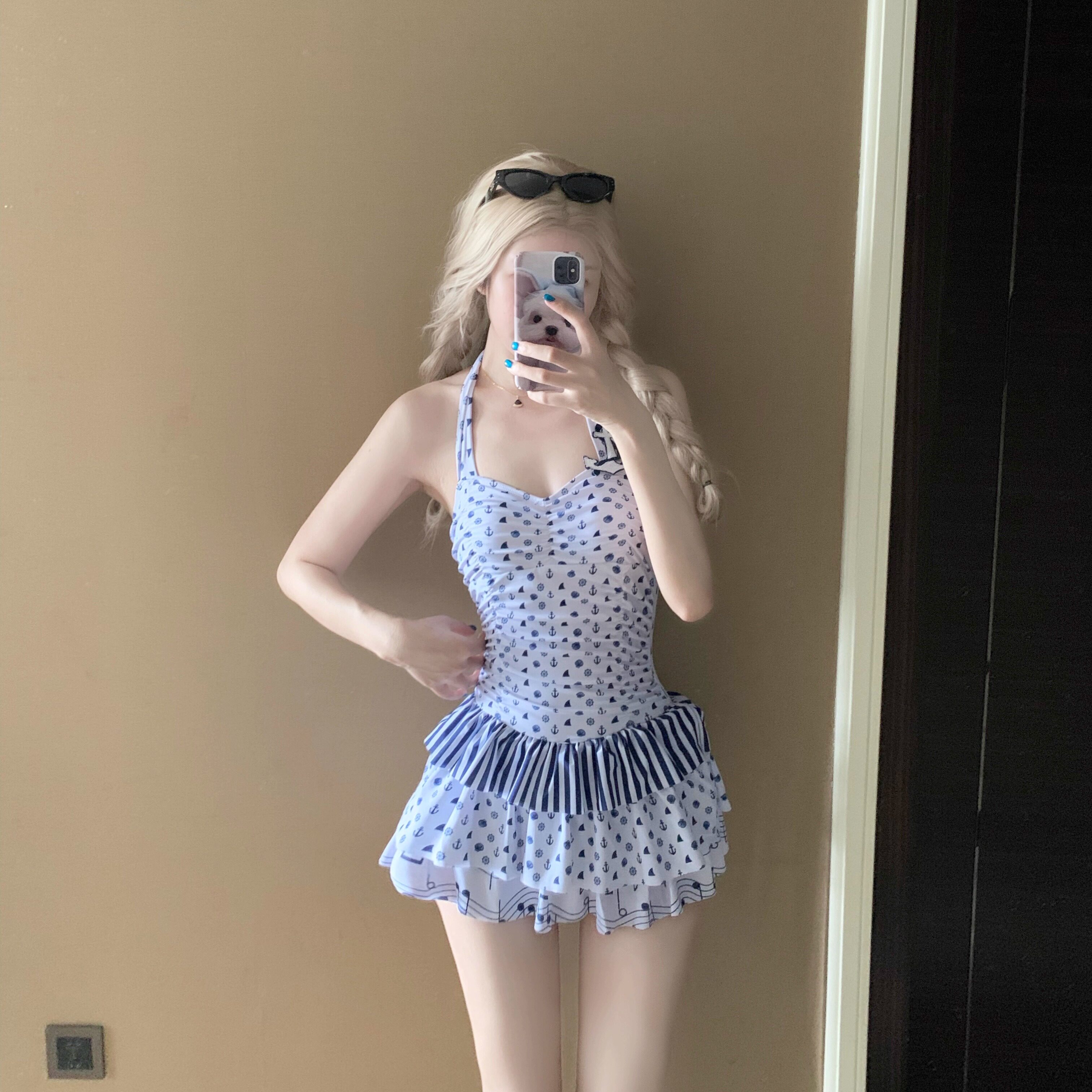 AYSTUDIO航海日记海军风连体裙式少女保守显瘦遮肚温泉度假泳衣女