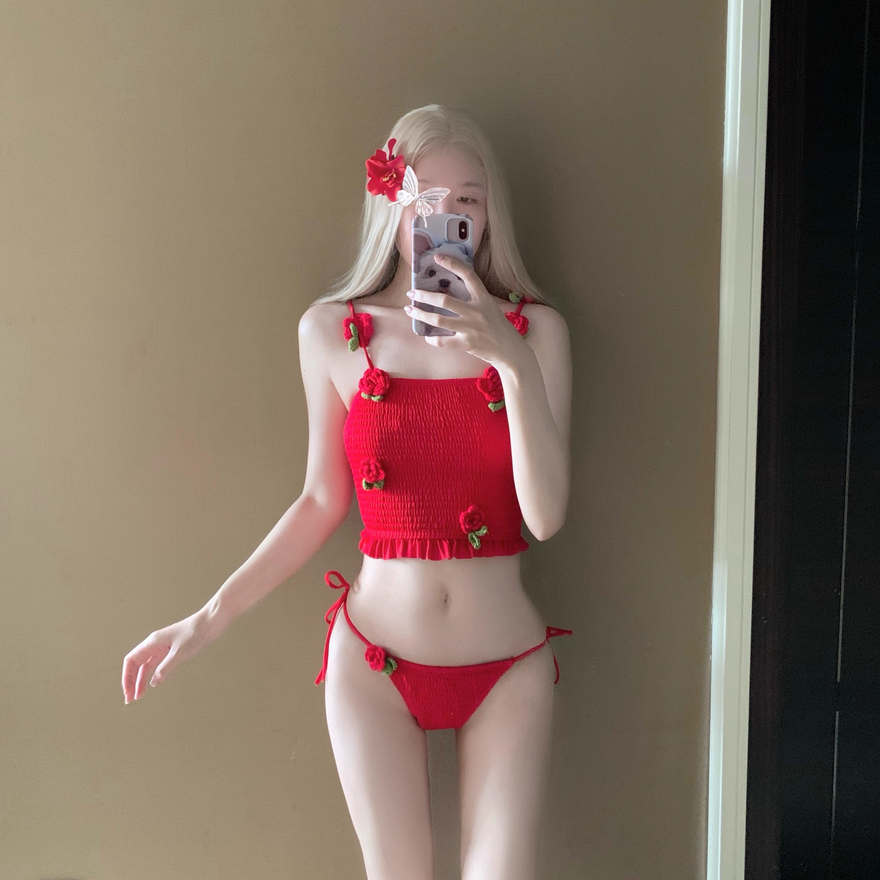 AYSTUDIO泳衣女红色手工针织花朵纯欲辣妹高级感比基尼显瘦泡温泉,运动/瑜伽/健身/球迷用品,比基尼,淘宝优惠券,粉丝福利购,淘宝优惠卷