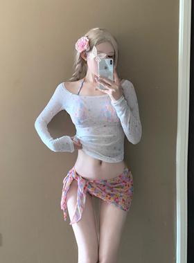 AYSTUDIO泳衣女碎花比基尼纯欲风长袖罩衫防晒小胸聚拢显瘦泡温泉