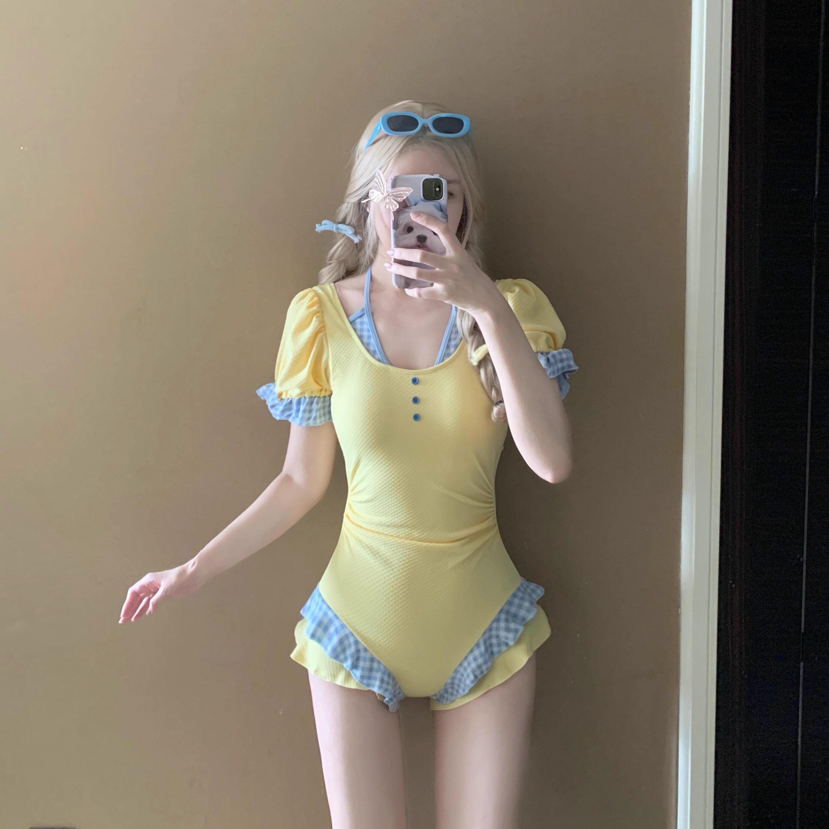 AYSTUDIO泳衣女连体甜美可爱多巴胺泡泡袖高级感保守显瘦度假温泉