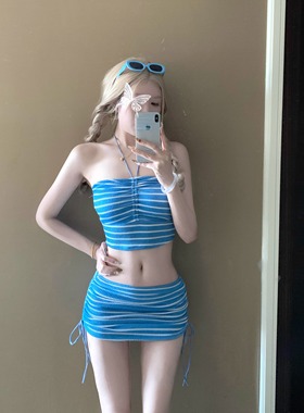 AYSTUDIO2025新款比基尼性感纯欲风条纹挂脖度假泡温泉分体泳衣女