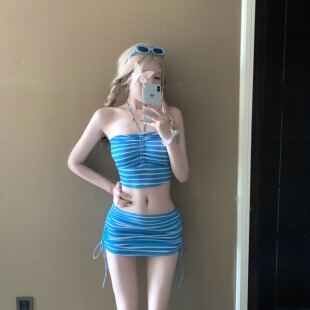 AYSTUDIO2026新款 比基尼性感纯欲风条纹挂脖度假泡温泉分体泳衣女