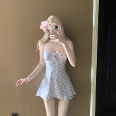 AYSTUDIO法式 保守小胸聚拢显瘦遮肉泡温泉 复古碎花连体泳衣女裙式