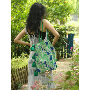 宋茜同款撞色流苏帆布手提包包女2025小众单肩托特包新中式环保袋