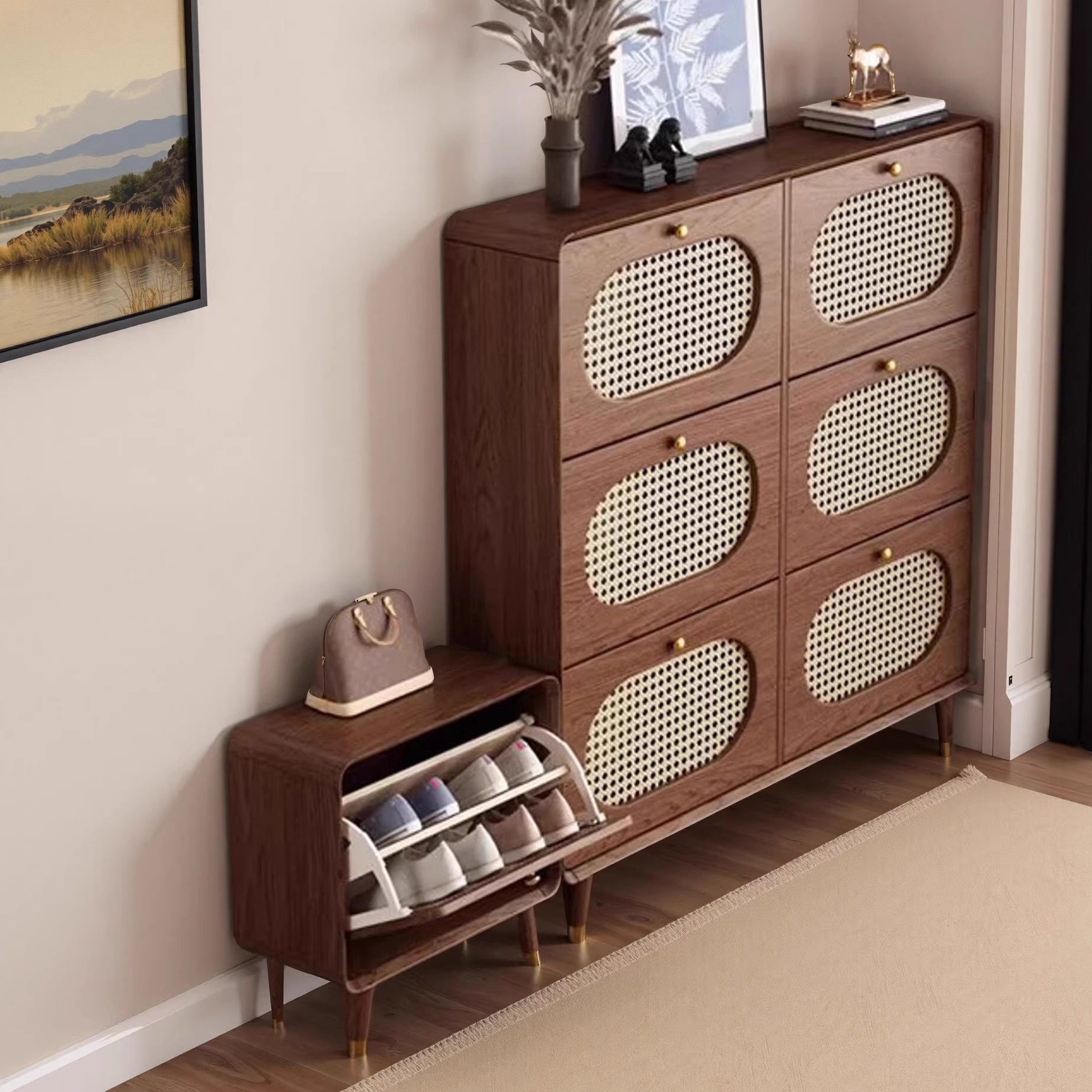 藤编鞋柜家用门口入户楼道玄关柜简约中古超薄翻斗收纳阳台储物柜,住宅家具,鞋柜,淘宝优惠券,粉丝福利购,淘宝优惠卷