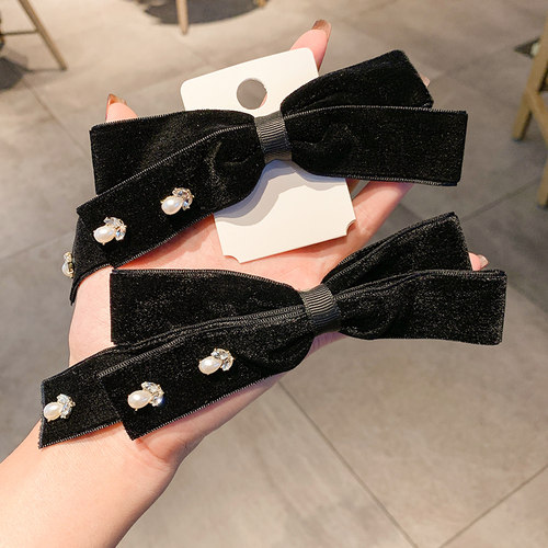 黑色丝绒蝴蝶结发夹镶钻珍珠头饰