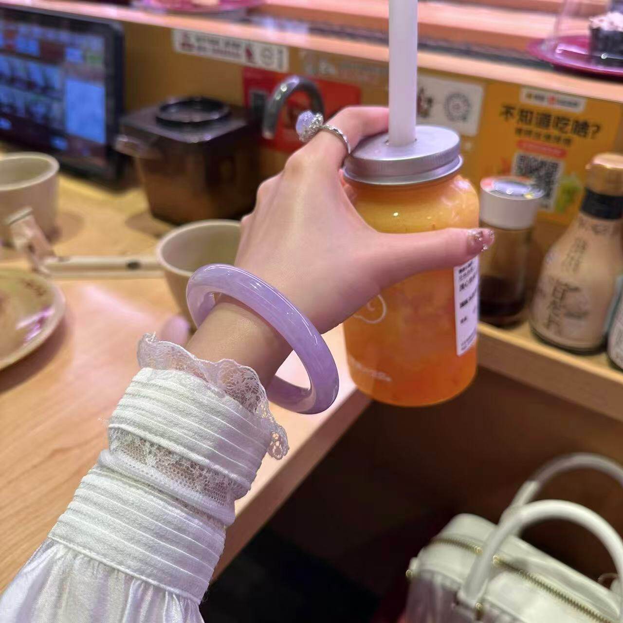 玉长情高端缅甸翡翠飘花紫罗兰手镯子女款糯冰种正品玉石饰品处理