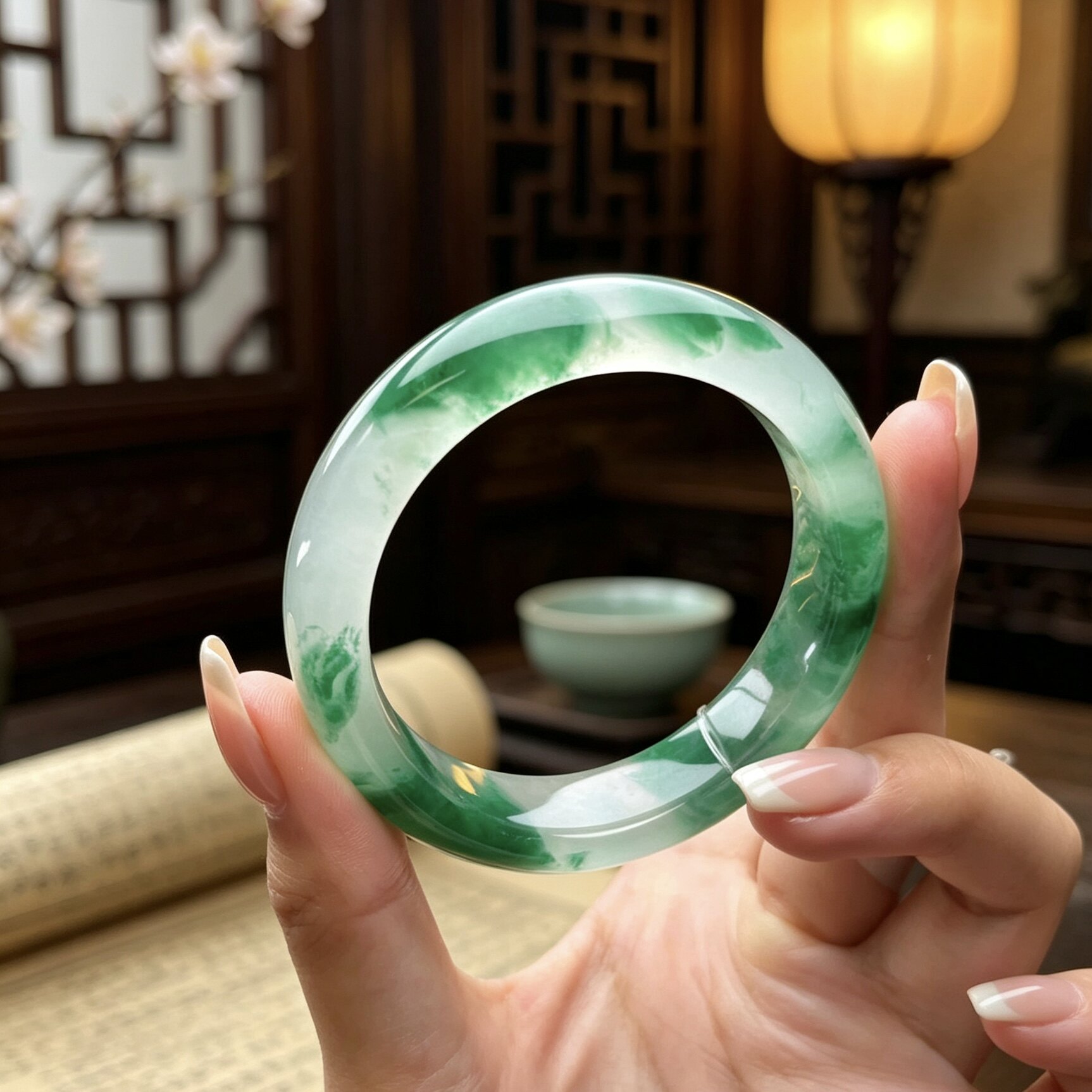 玉长情【琼润幽娴】高端缅甸翡翠冰透绿飘花玉手镯子正品真玉处理