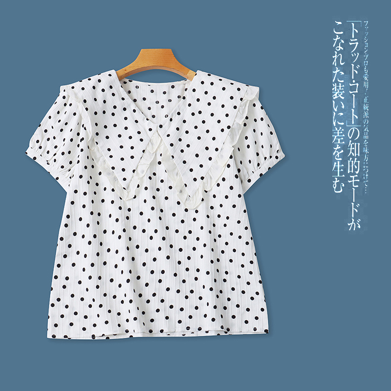 波点衬衫 夏季新款女装时尚减龄花边海军领套头泡泡短袖衬衫31429