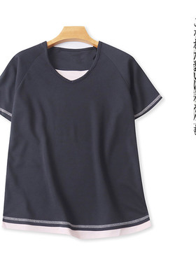 日单运动健身T恤 夏季新款女装撞色拼接V领套头短袖速干透气31041