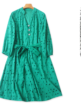 刺绣镂空衬衫裙  春秋新外贸女时尚V领纽扣套头九分袖连衣裙30927