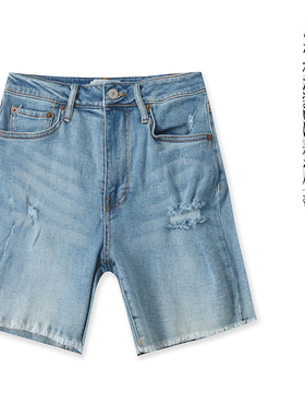 牛仔短裤 夏新款外贸女装休闲高腰拉链纽扣口袋破洞毛边短裤28599