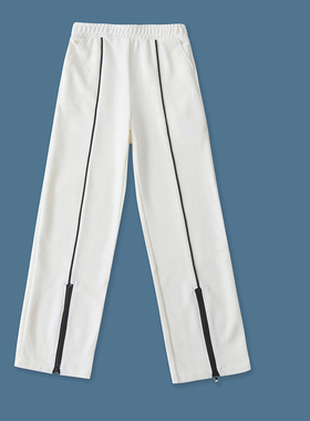 嵌线阔腿裤 秋季新款外贸女装松紧高腰双口袋直筒弹力休闲裤32339