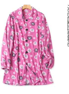 摇粒绒家居服 秋冬新外贸情侣韩版宽松翻领复古印花中长睡衣30226