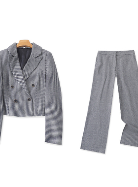 千鸟格时尚套装  春秋新外贸女装短款西装外套+高腰阔腿长裤31191