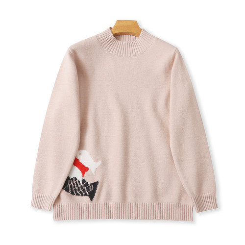 卡通鱼毛衣 秋冬新款女装时尚宽松减龄半高圆领套头长袖毛衣32498